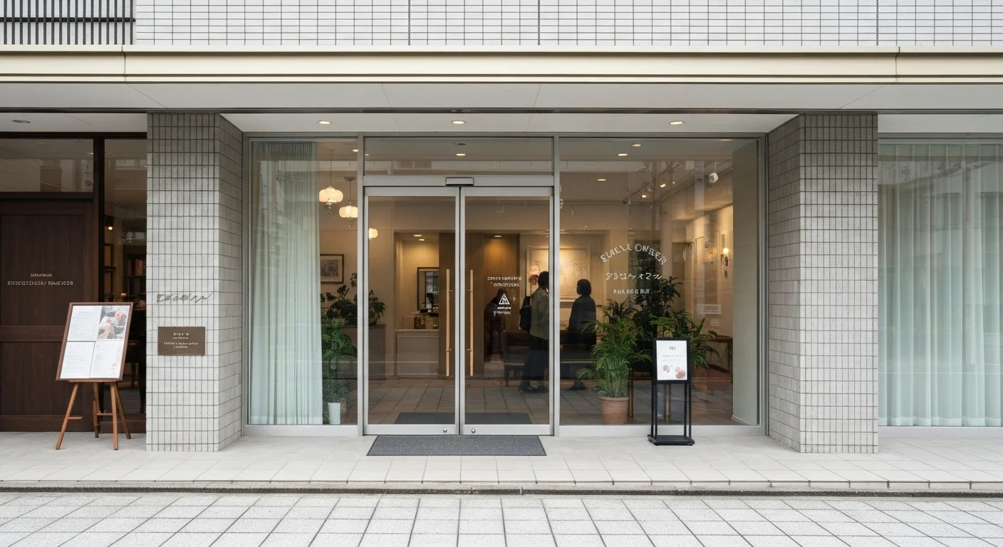 建物の入口まわりと窓が見える店舗外観を正面から写した写真